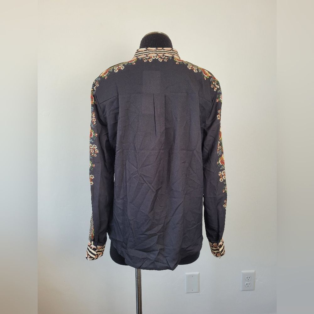 NEW Black Floral Abstract Blouse Top Asian Office Career Boho Indie Oriental 14 - Picture 5 of 12
